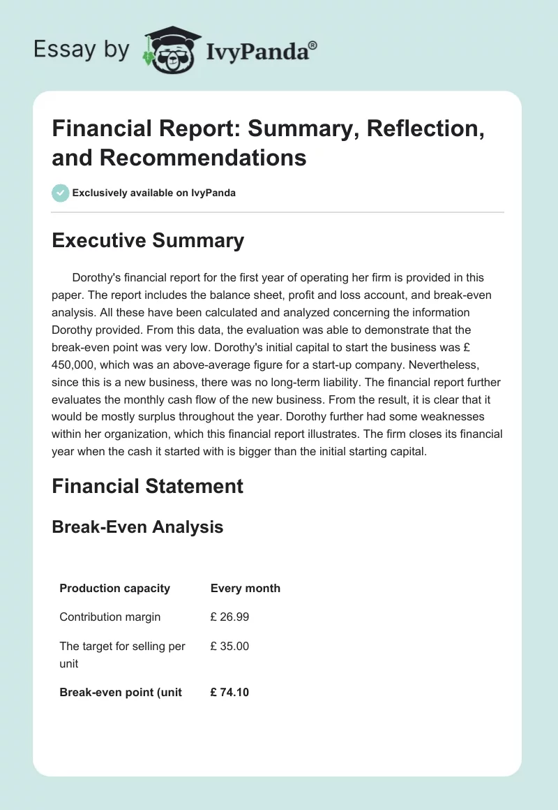 Financial Report: Summary, Reflection, and Recommendations. Page 1