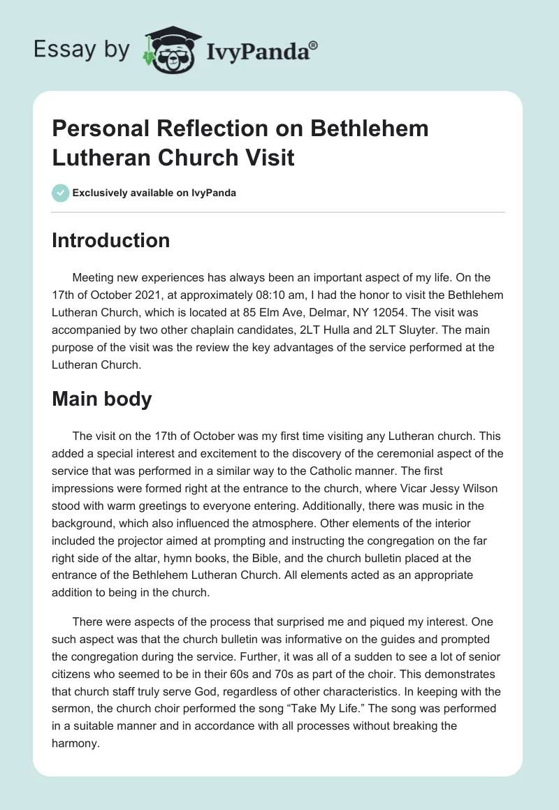 Personal Reflection on Bethlehem Lutheran Church Visit. Page 1