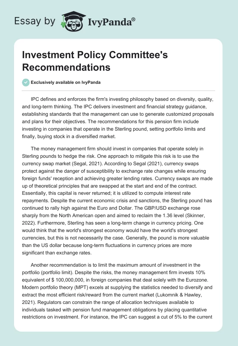 Investment Policy Committee's Recommendations. Page 1