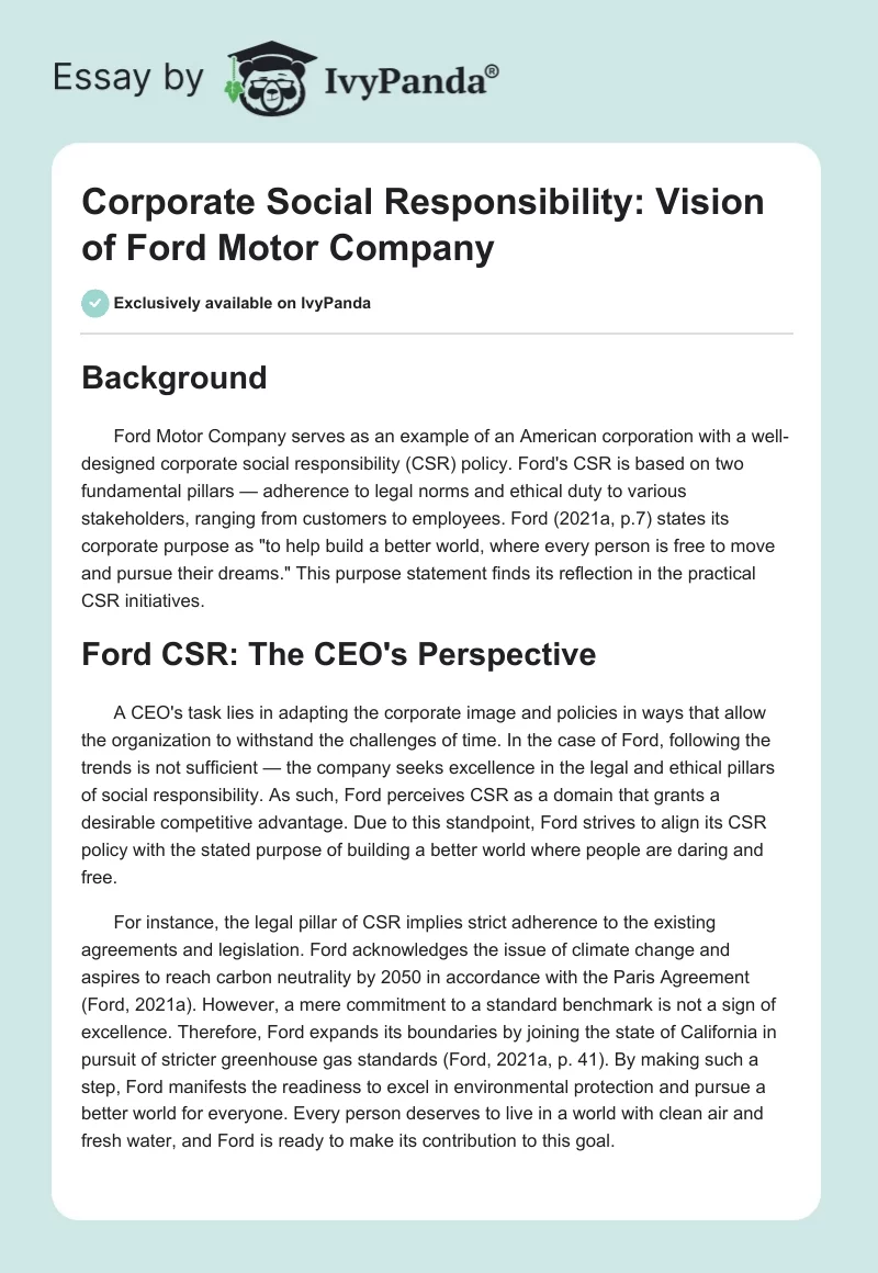 Corporate Social Responsibility: Vision of Ford Motor Company. Page 1