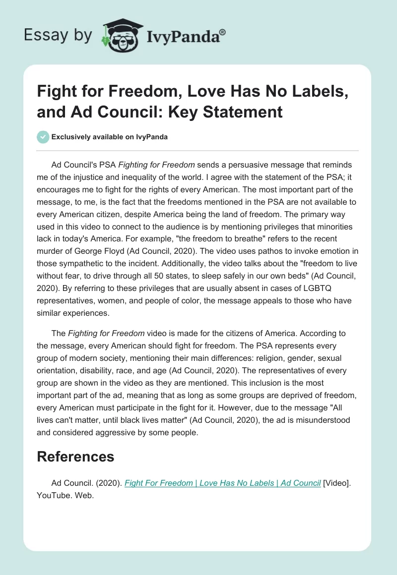 Fight for Freedom, Love Has No Labels, and Ad Council: Key Statement. Page 1