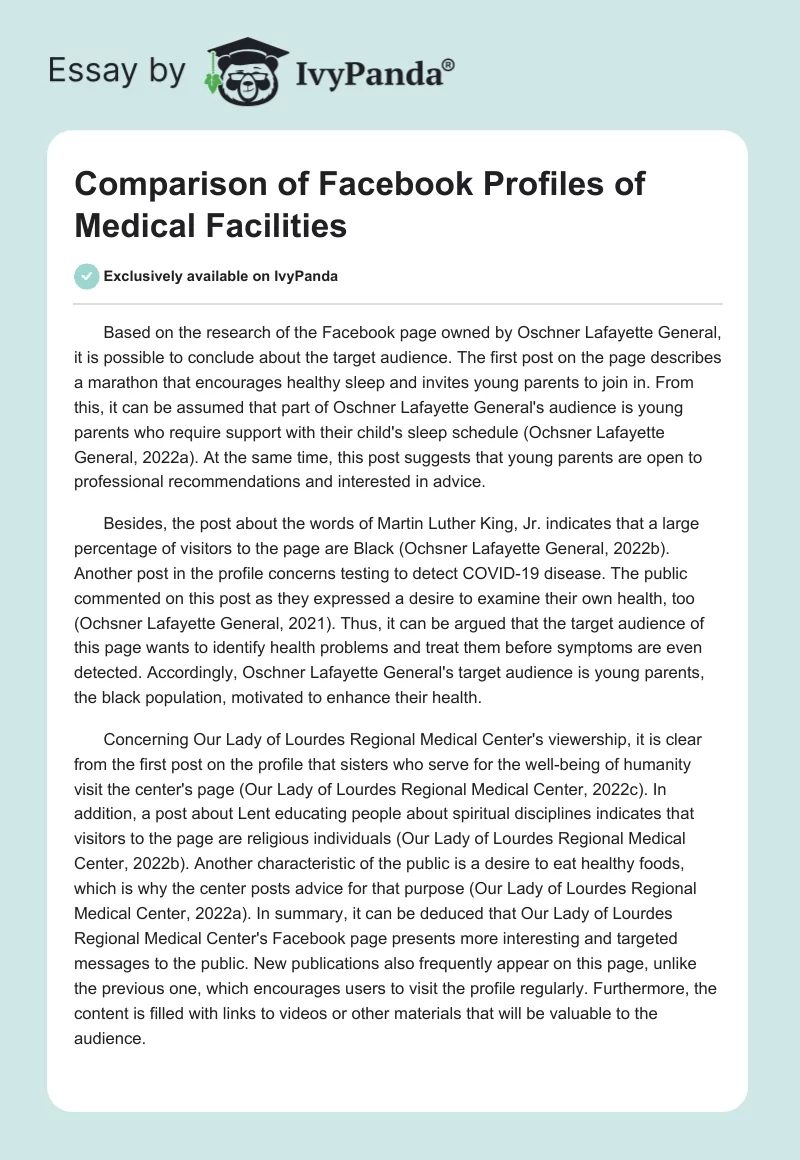 Comparison of Facebook Profiles of Medical Facilities. Page 1