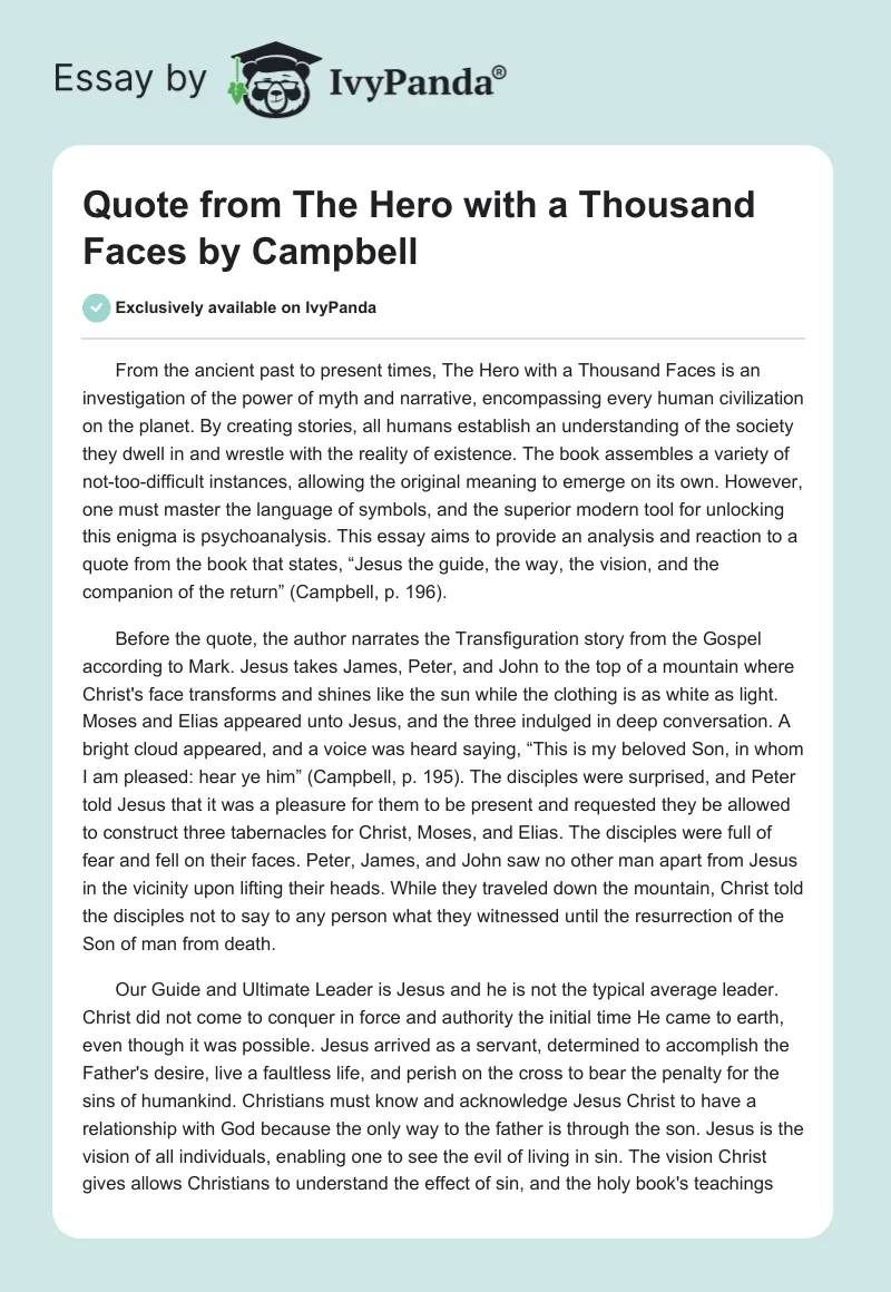 Quote from The Hero with a Thousand Faces by Campbell. Page 1