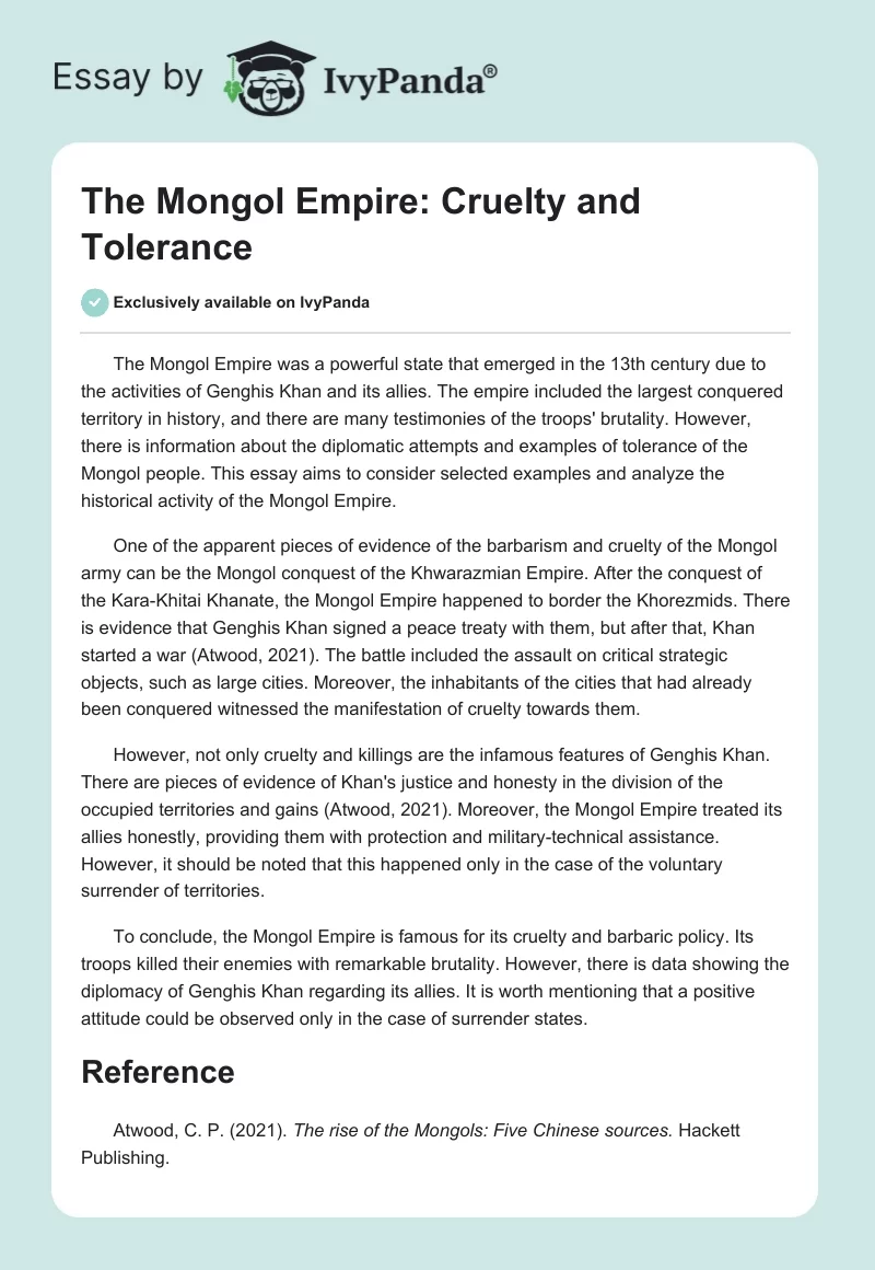 The Mongol Empire: Cruelty and Tolerance. Page 1