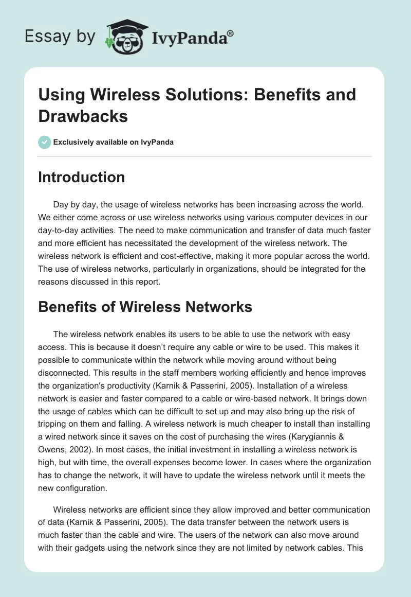 Using Wireless Solutions: Benefits and Drawbacks. Page 1