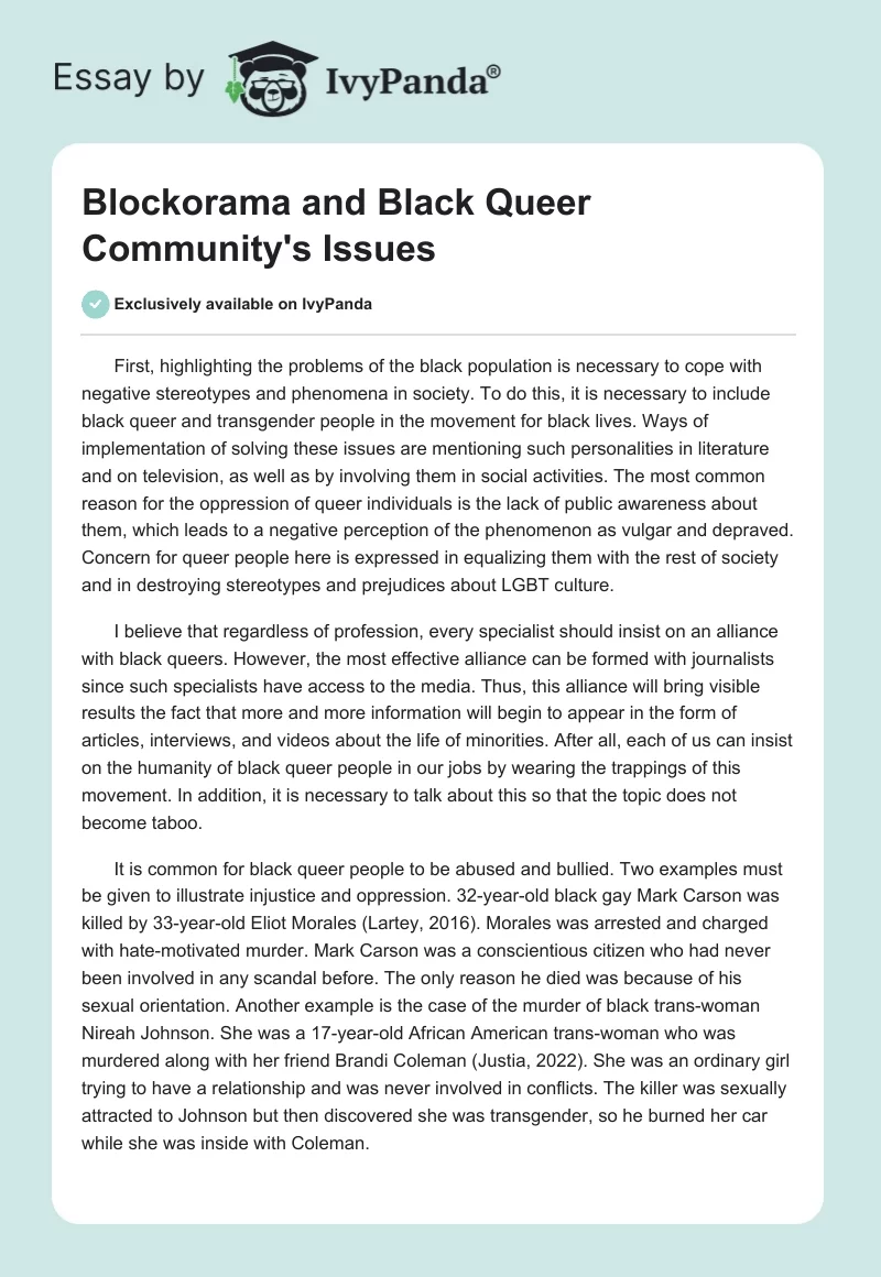 Blockorama and Black Queer Community's Issues. Page 1