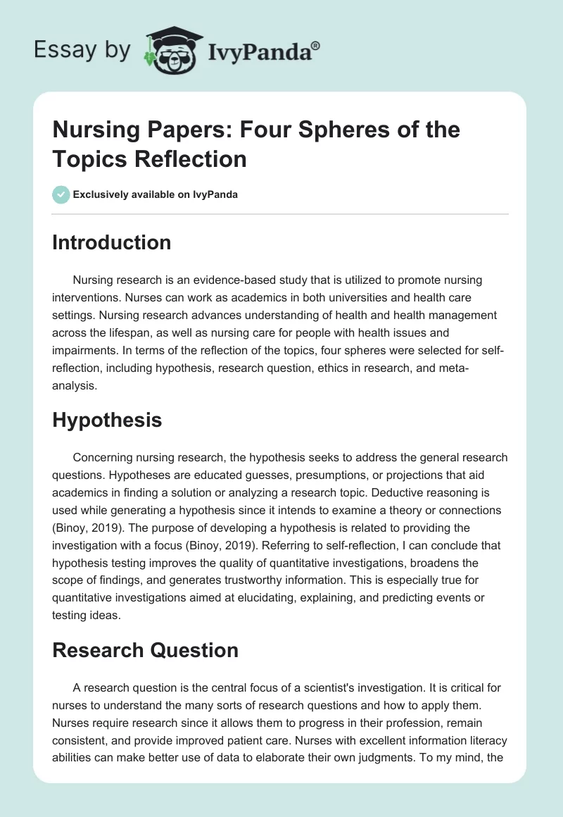 Nursing Papers: Four Spheres of the Topics Reflection. Page 1