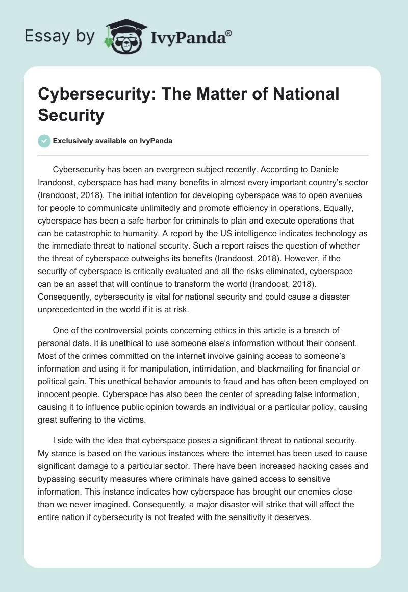 Cybersecurity: The Matter of National Security. Page 1