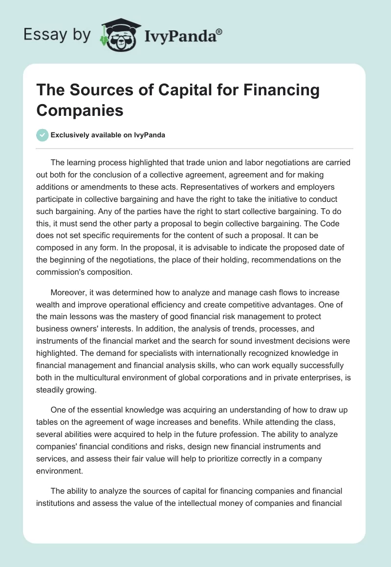 The Sources of Capital for Financing Companies. Page 1