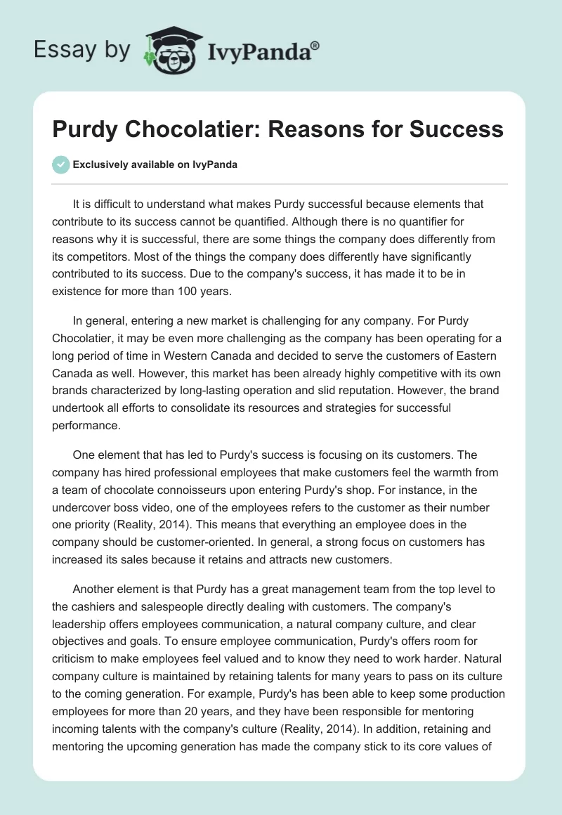 Purdy Chocolatier: Reasons for Success. Page 1