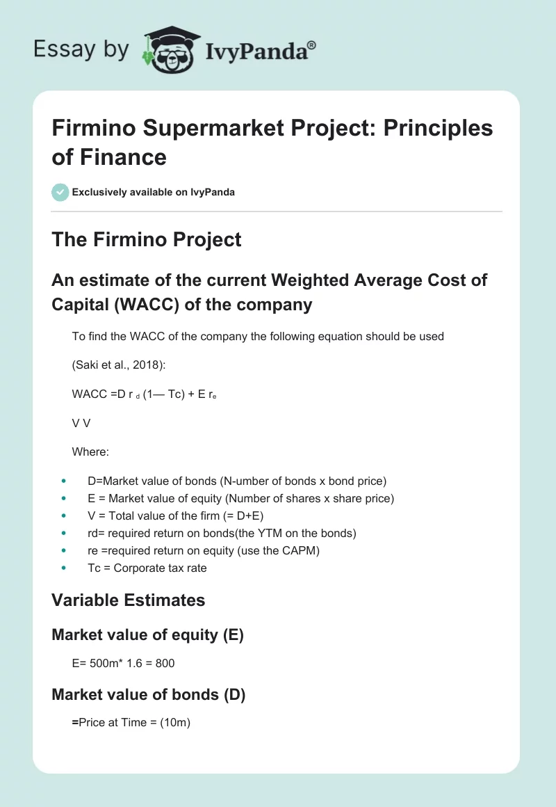 Firmino Supermarket Project: Principles of Finance. Page 1
