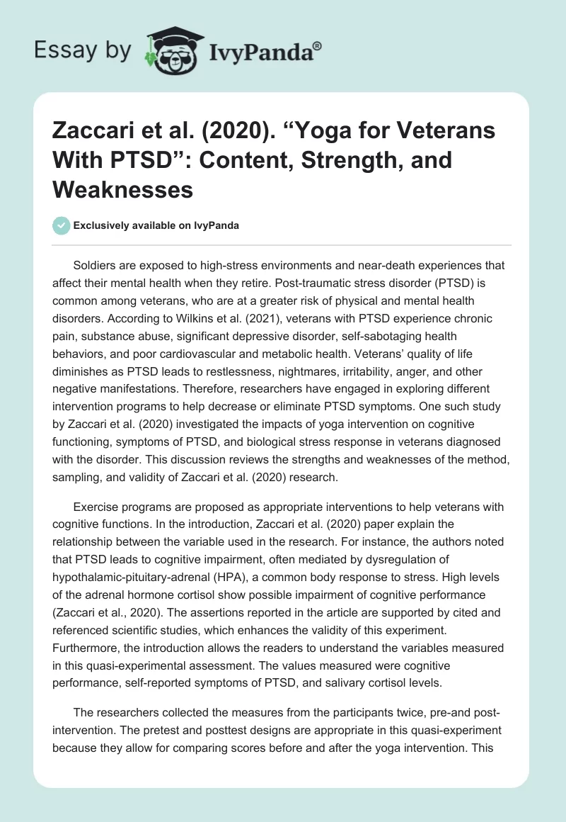 Zaccari et al. (2020). “Yoga for Veterans With PTSD”: Content, Strength, and Weaknesses. Page 1
