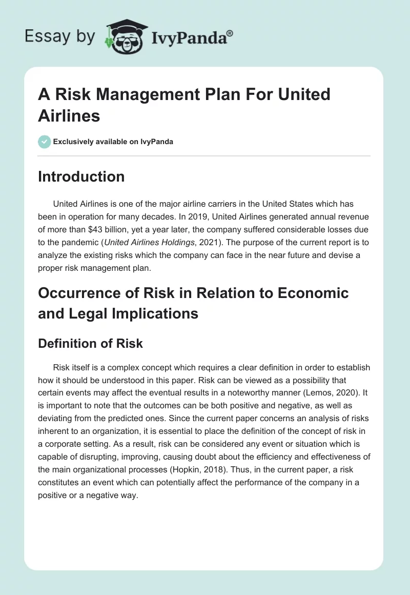 A Risk Management Plan For United Airlines. Page 1
