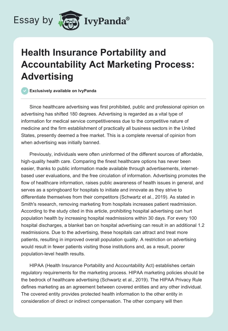 Health Insurance Portability and Accountability Act Marketing Process: Advertising. Page 1