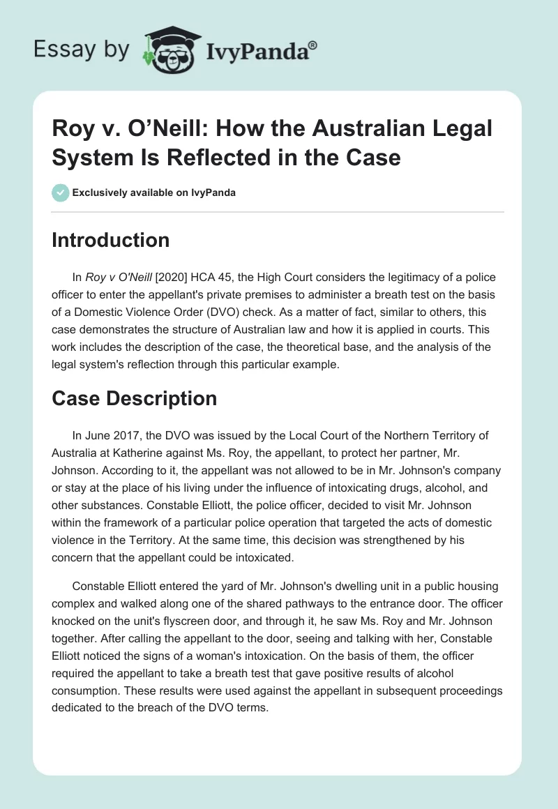Roy v. O’Neill: How the Australian Legal System Is Reflected in the Case. Page 1