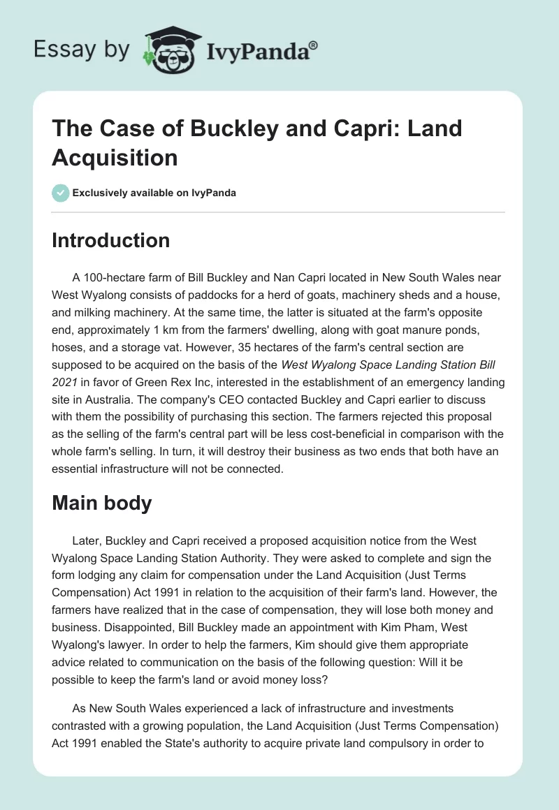 The Case of Buckley and Capri: Land Acquisition. Page 1
