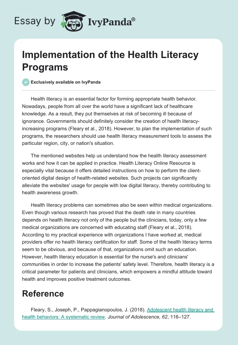 Implementation of the Health Literacy Programs. Page 1
