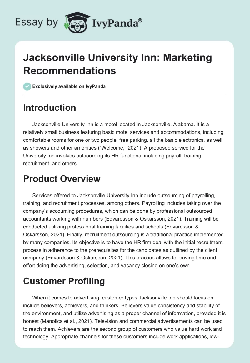 Jacksonville University Inn: Marketing Recommendations. Page 1