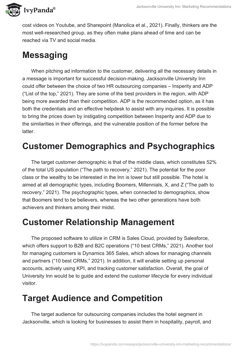 Jacksonville University Inn: Marketing Recommendations. Page 2