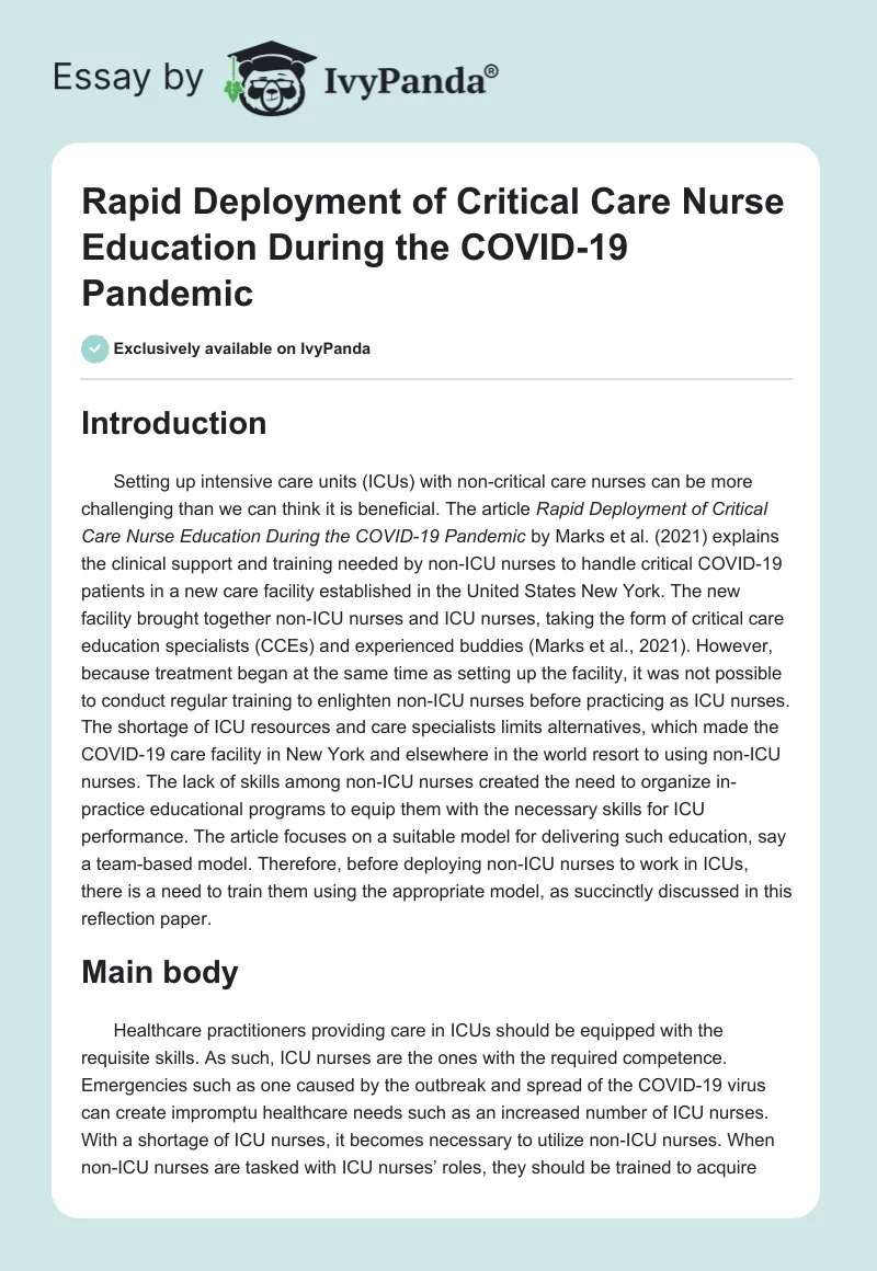 Rapid Deployment of Critical Care Nurse Education During the COVID-19 Pandemic. Page 1