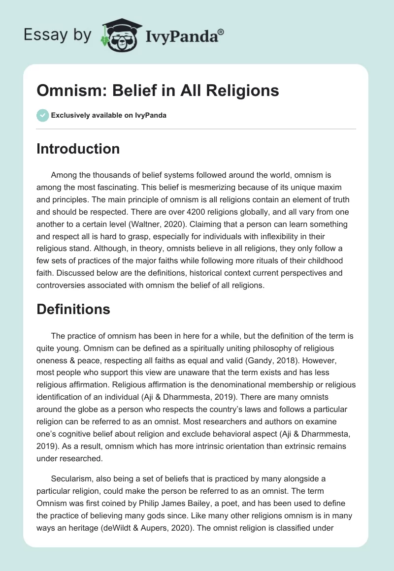 Omnism: Belief in All Religions. Page 1