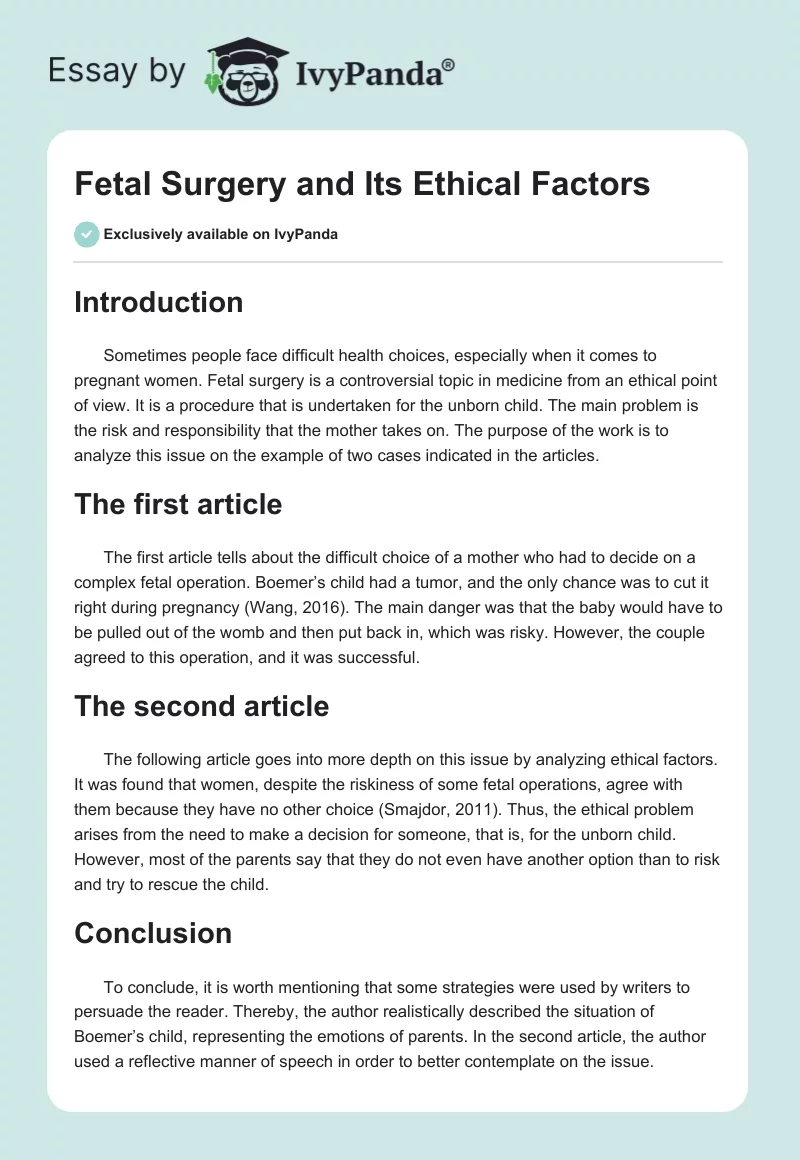 Fetal Surgery and Its Ethical Factors. Page 1