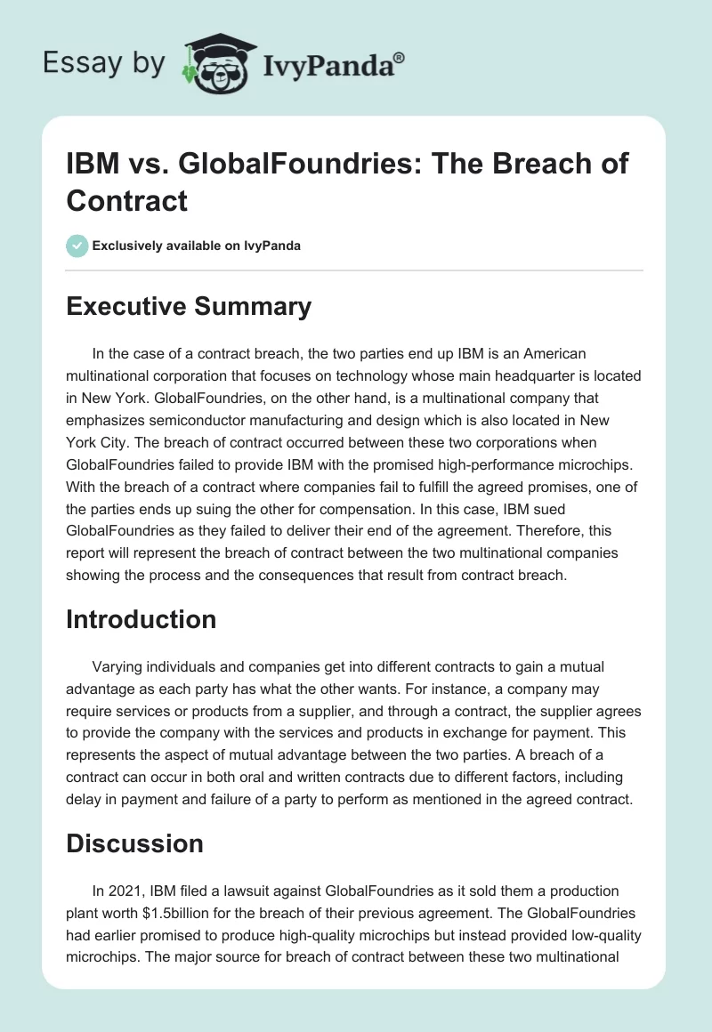 IBM vs. GlobalFoundries: The Breach of Contract. Page 1