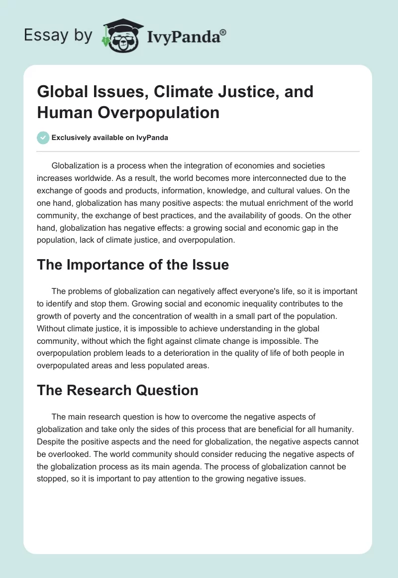Global Issues, Climate Justice, and Human Overpopulation. Page 1