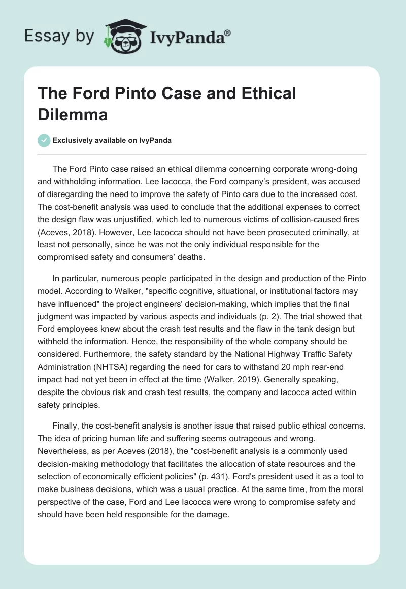 The Ford Pinto Case and Ethical Dilemma. Page 1