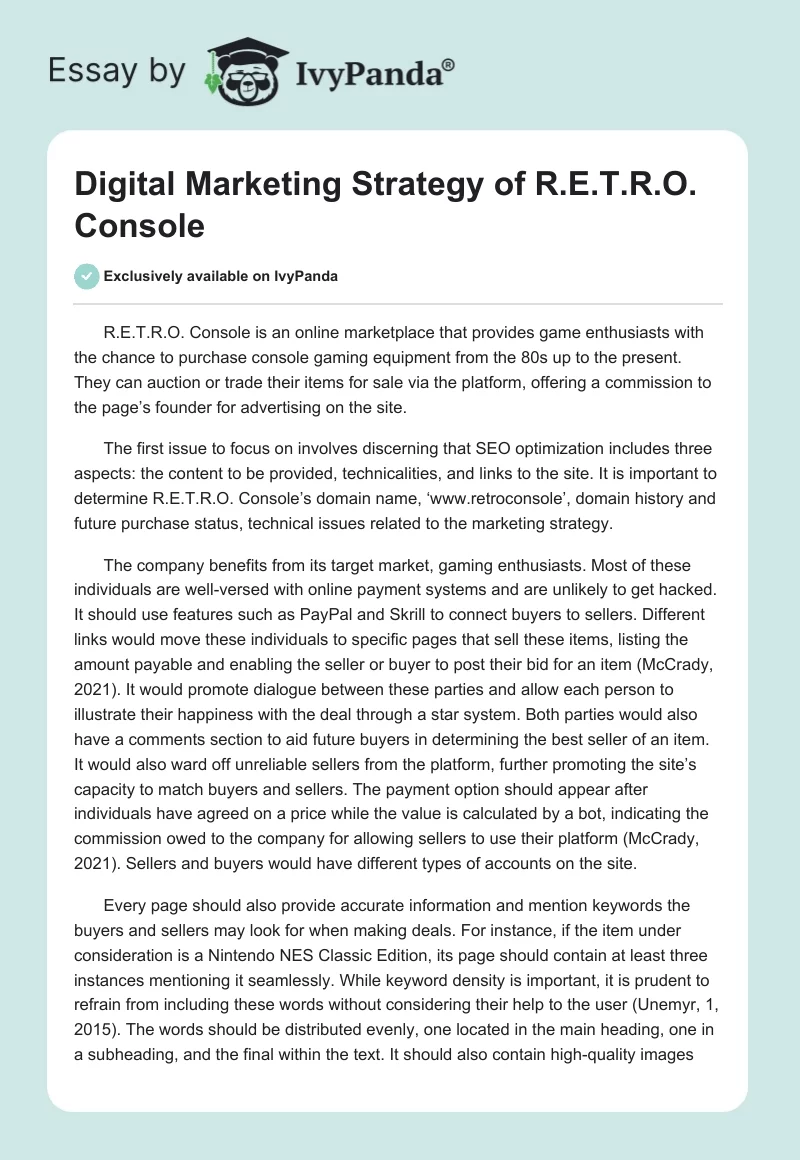 Digital Marketing Strategy of R.E.T.R.O. Console. Page 1