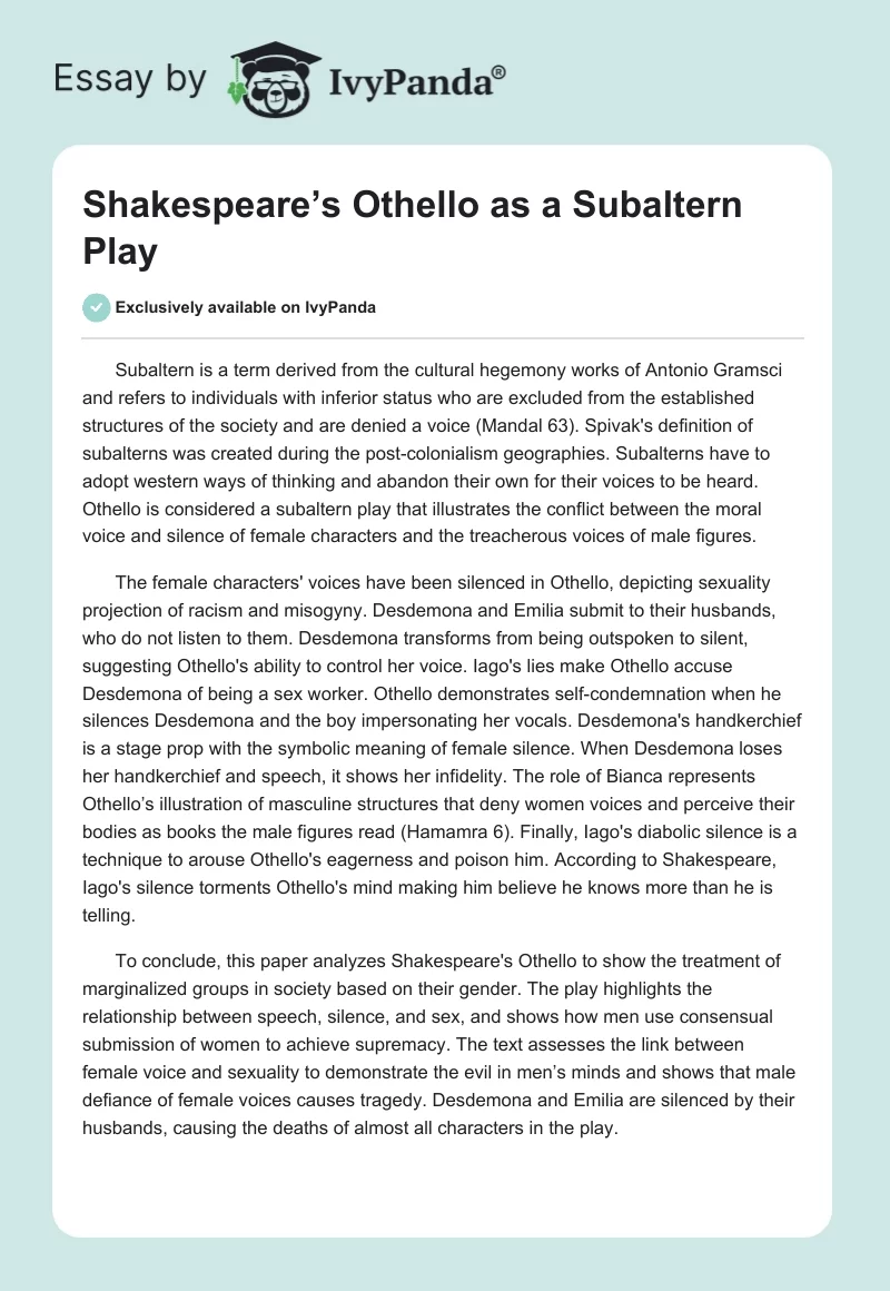 Shakespeare’s Othello as a Subaltern Play. Page 1