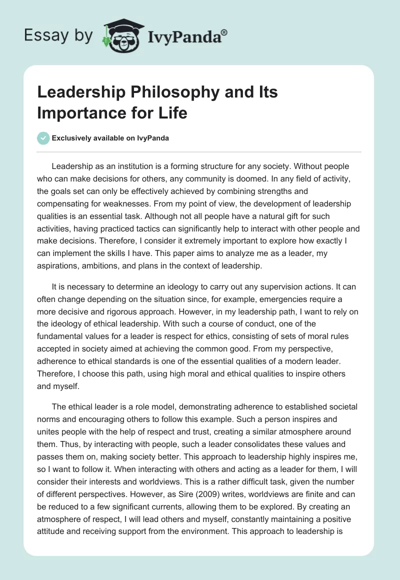 Leadership Philosophy and Its Importance for Life. Page 1