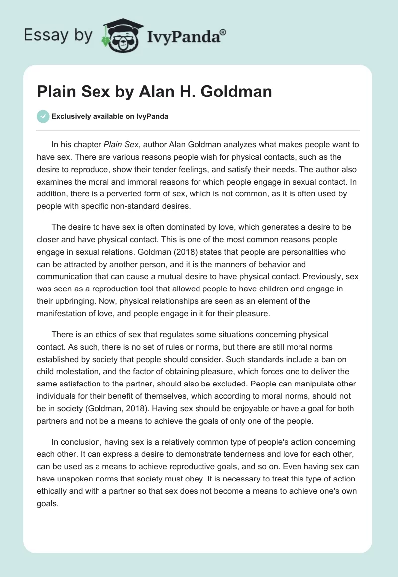 "Plain Sex" by Alan H. Goldman. Page 1