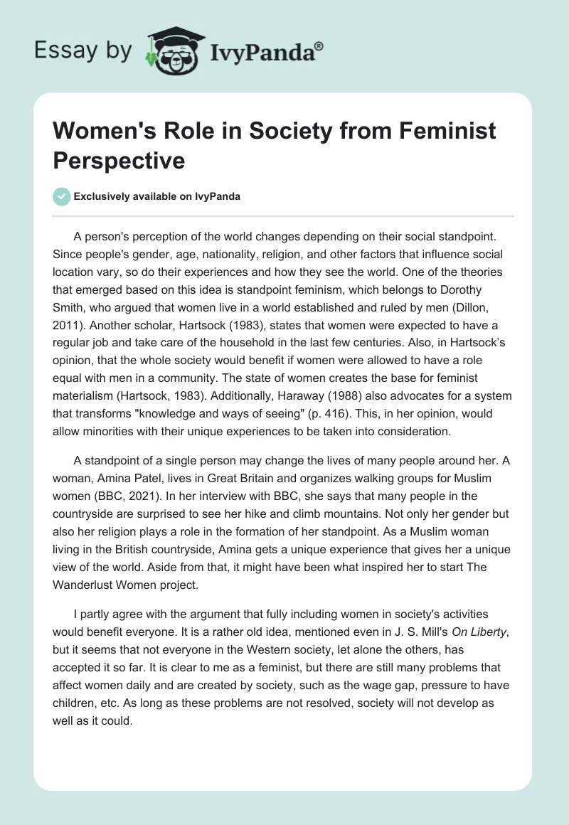 Women's Role in Society From Feminist Perspective. Page 1