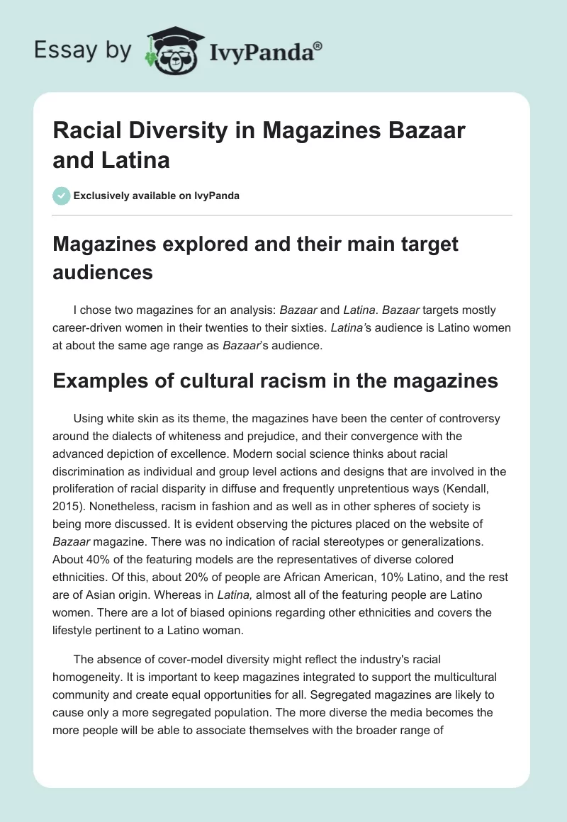 Racial Diversity in Magazines "Bazaar" and "Latina". Page 1
