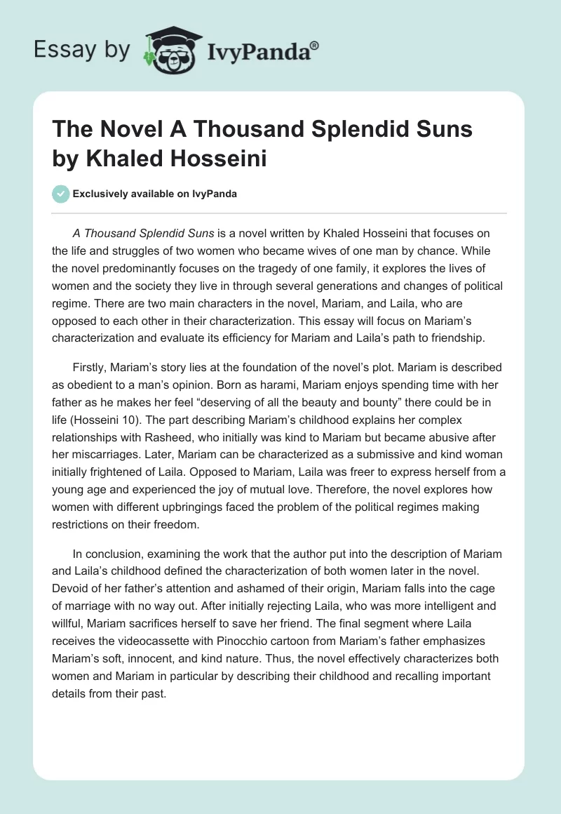 The Novel "A Thousand Splendid Suns" by Khaled Hosseini. Page 1