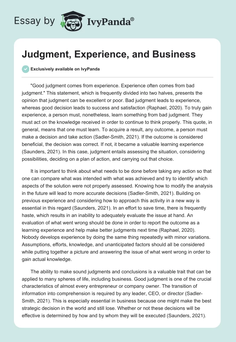 Judgment, Experience, and Business. Page 1