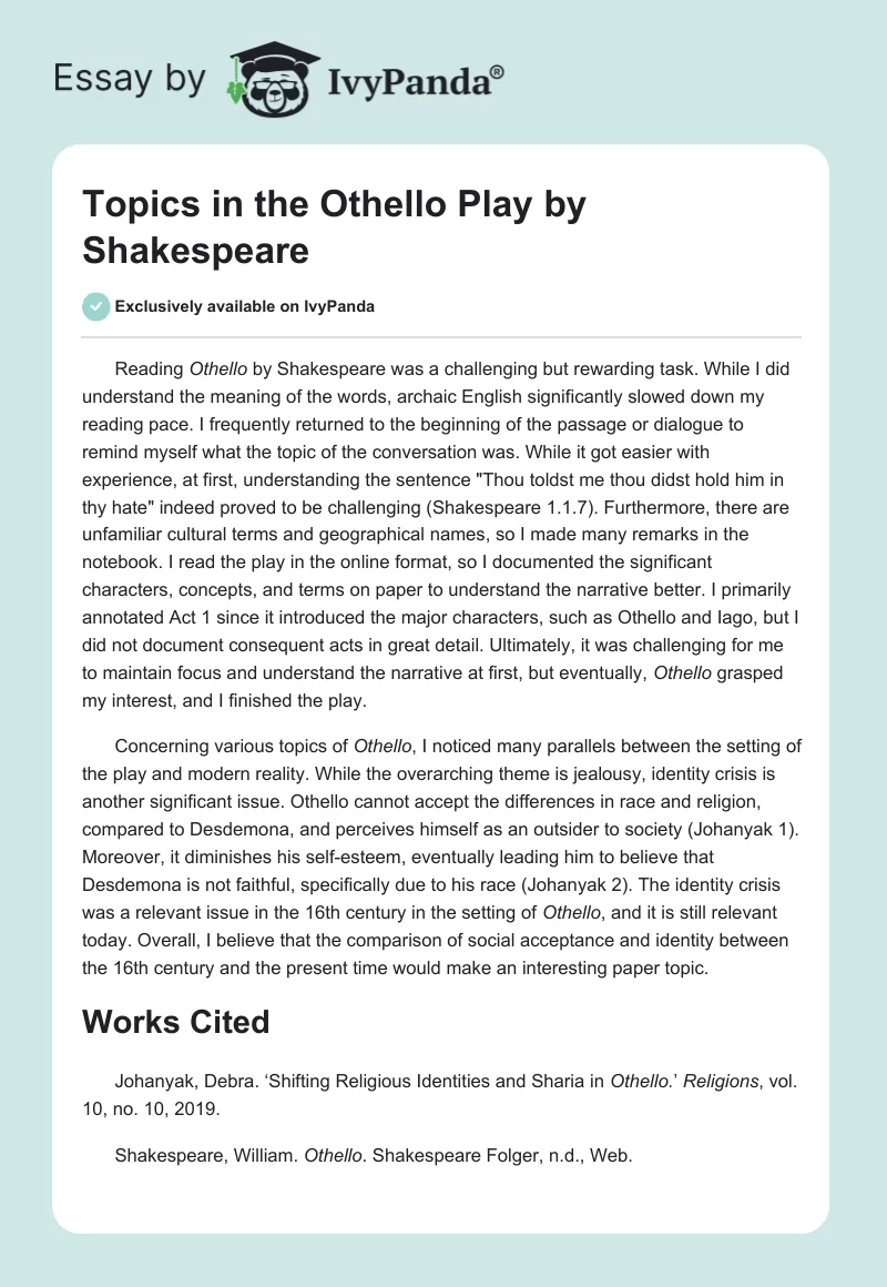 Topics in the Othello Play by Shakespeare. Page 1