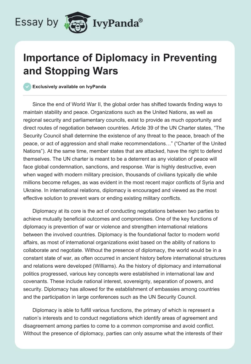 Importance of Diplomacy in Preventing and Stopping Wars. Page 1