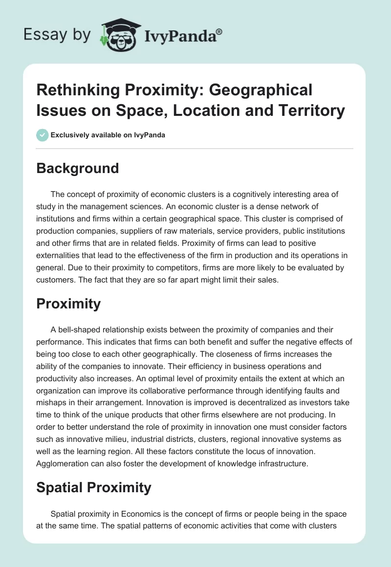 Rethinking Proximity: Geographical Issues on Space, Location and Territory. Page 1