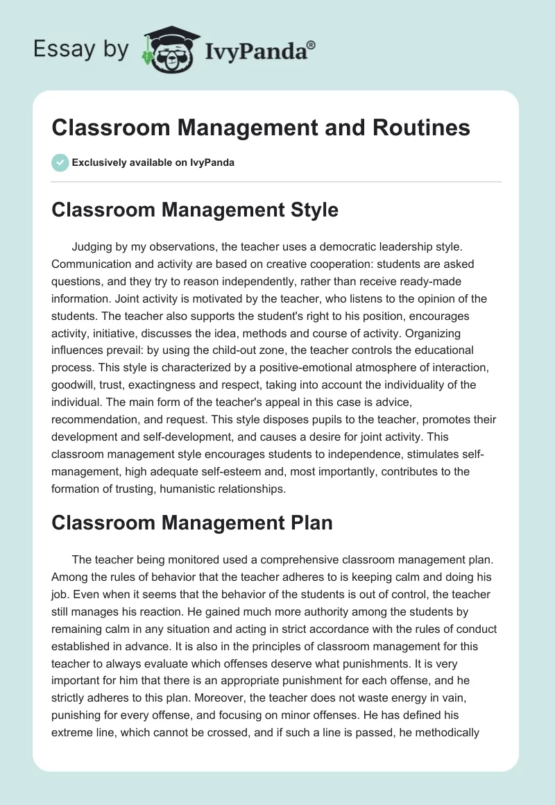 Classroom Management and Routines. Page 1