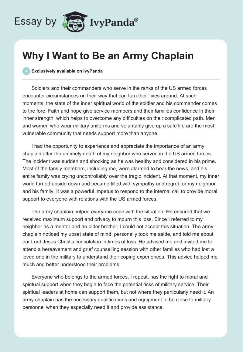 Why I Want to Be an Army Chaplain. Page 1