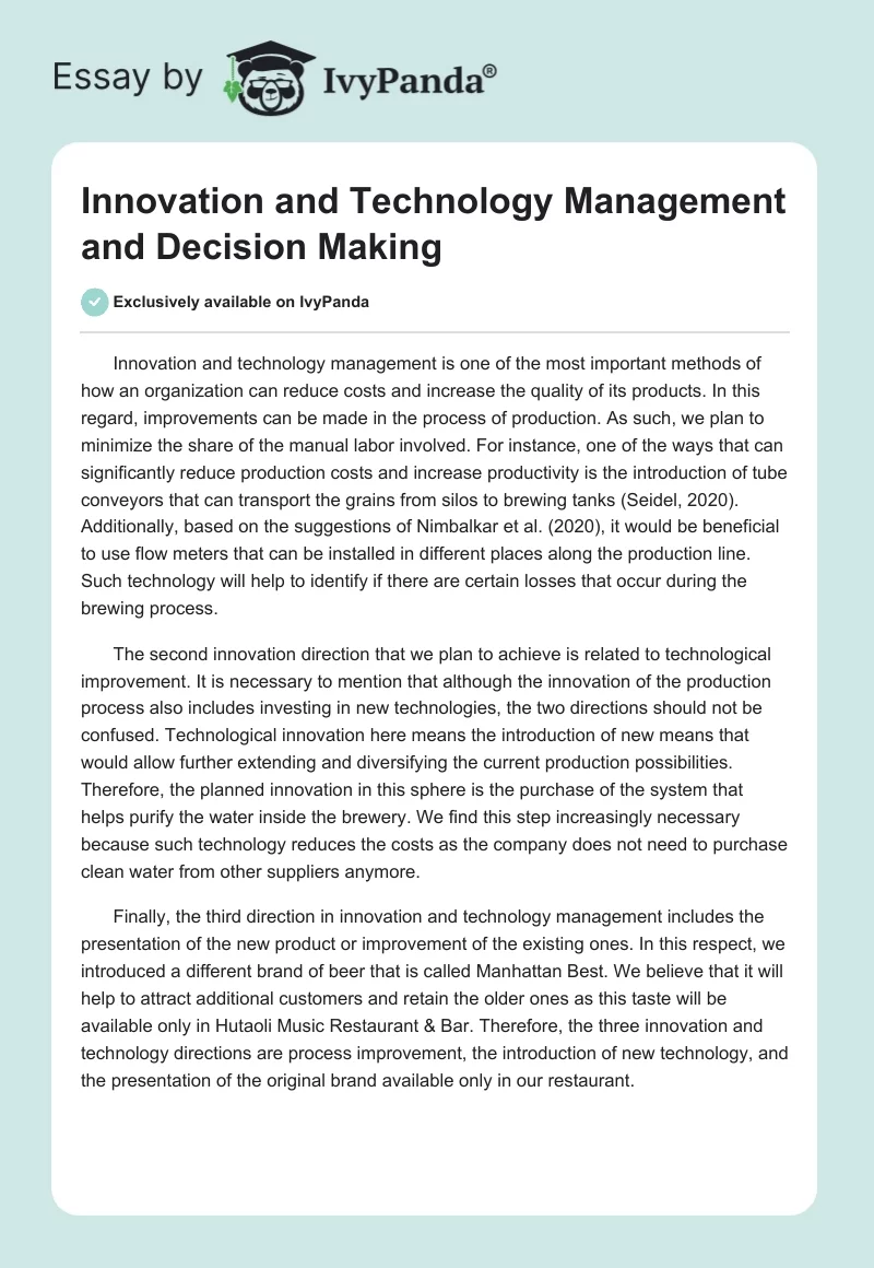 Innovation, Technology Management, Decision Making - 919 Words | Report ...