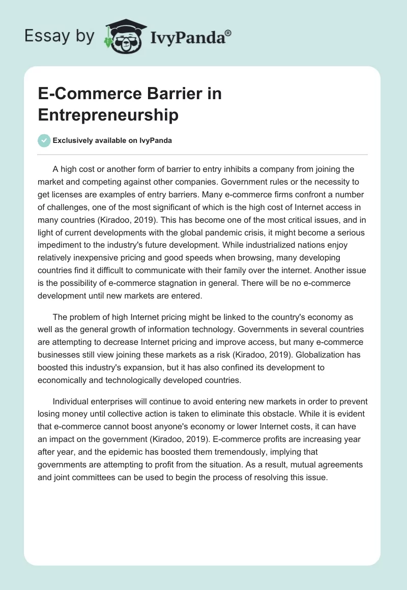E-Commerce Barrier in Entrepreneurship. Page 1