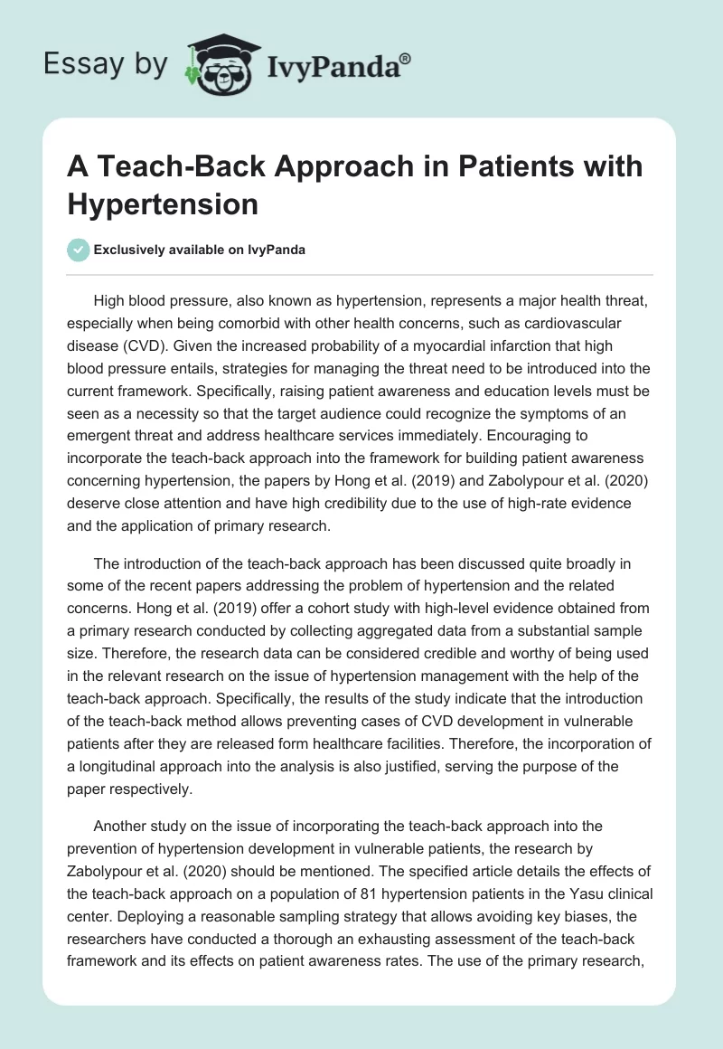 A Teach-Back Approach in Patients with Hypertension. Page 1