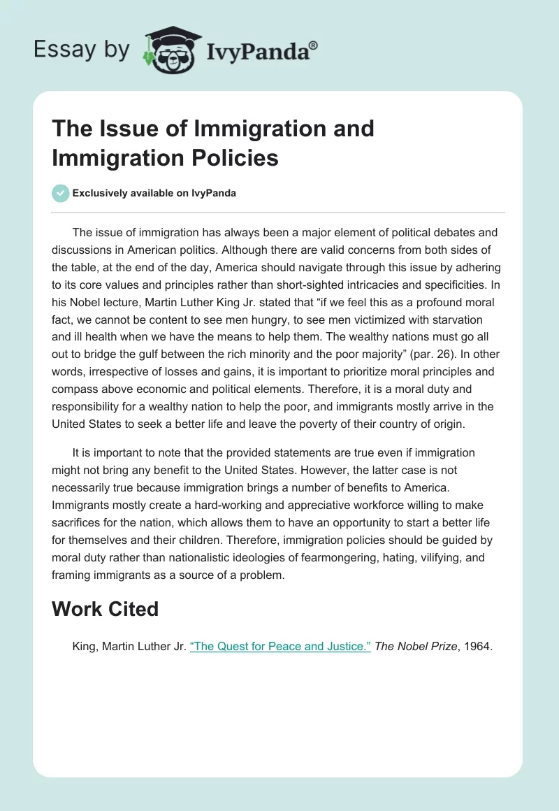 The Issue of Immigration and Immigration Policies. Page 1