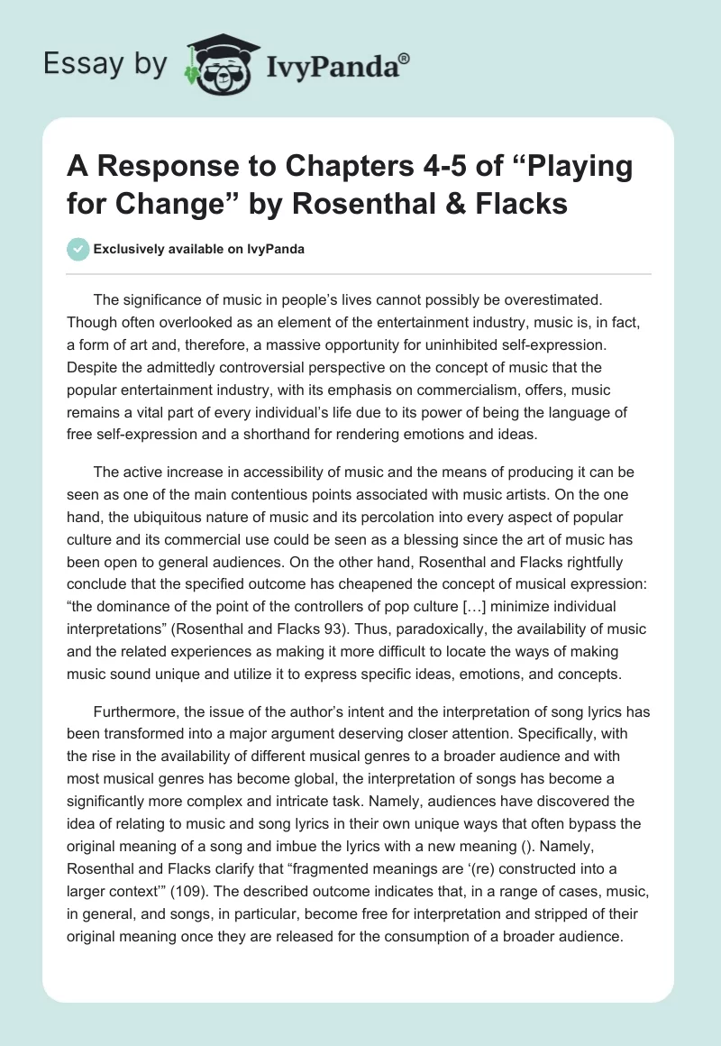 A Response to Chapters 4-5 of “Playing for Change” by Rosenthal & Flacks. Page 1
