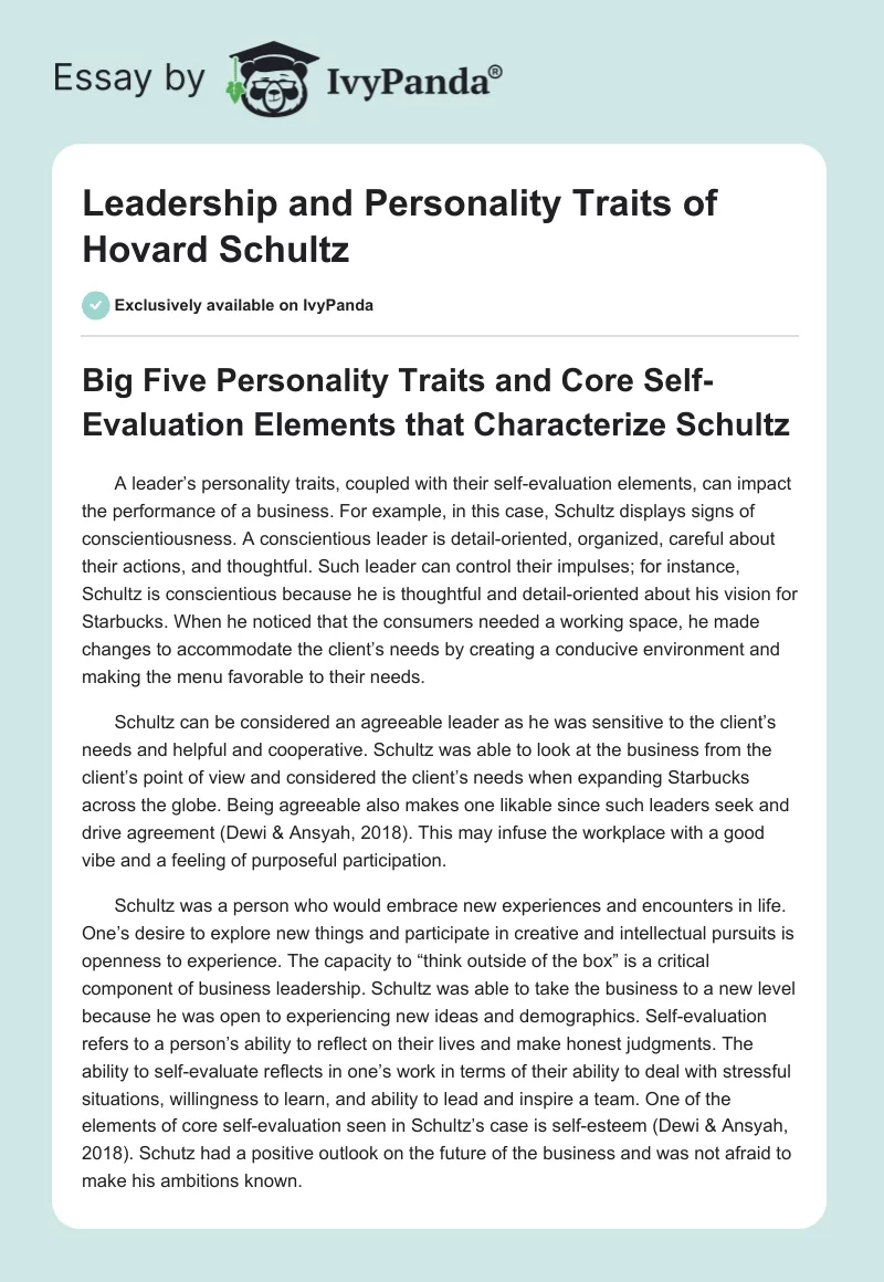 Leadership and Personality Traits of Hovard Schultz. Page 1