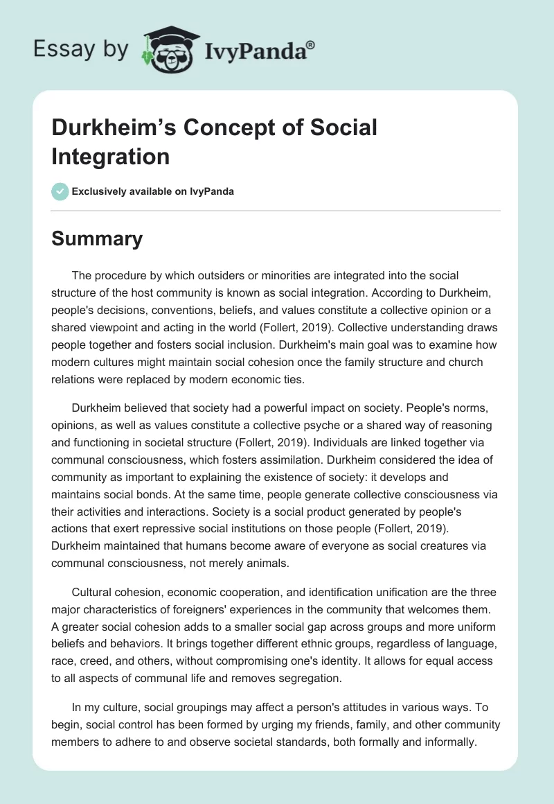 Durkheim’s Concept of Social Integration. Page 1