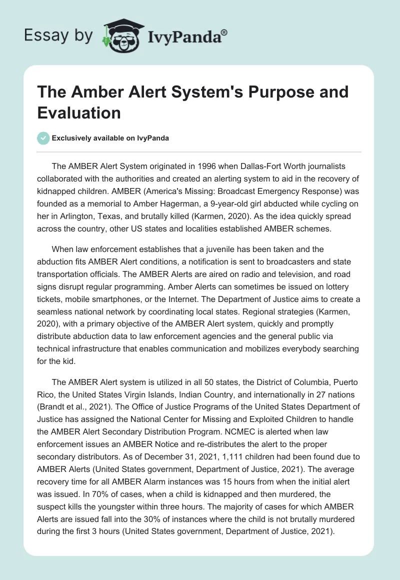 The Amber Alert System's Purpose and Evaluation. Page 1